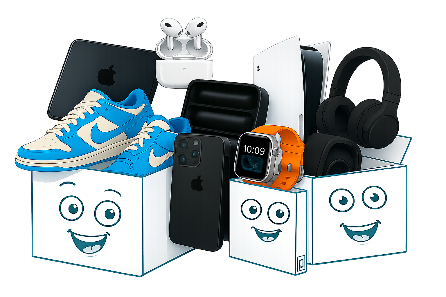 Caixas com produtos surpresa: iPhone, AirPods, tênis, headphone, smartwatch